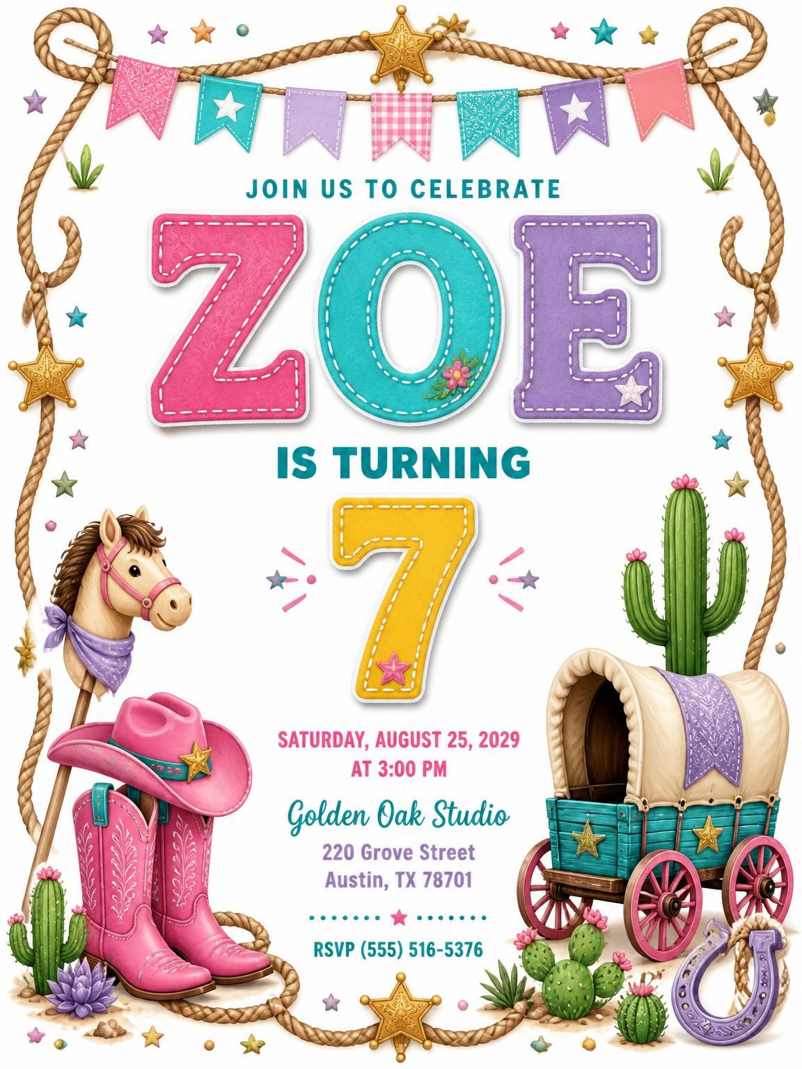 Stitched Cowboy 7th Birthday Invitation
