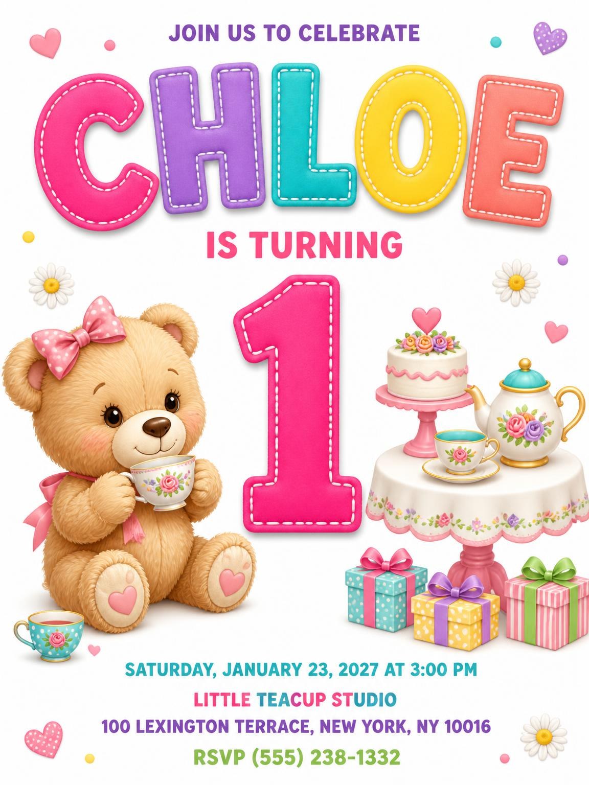 Stitched Teddy Bear Tea Party 1st Birthday Invitation