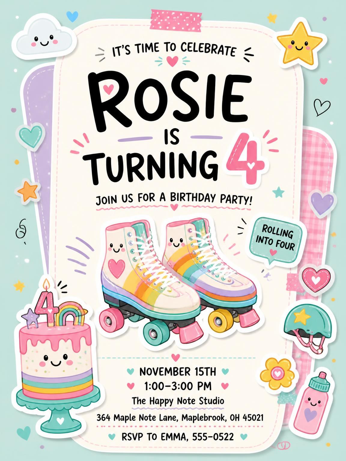 Roller Skates Pastel 4th Birthday Invitation
