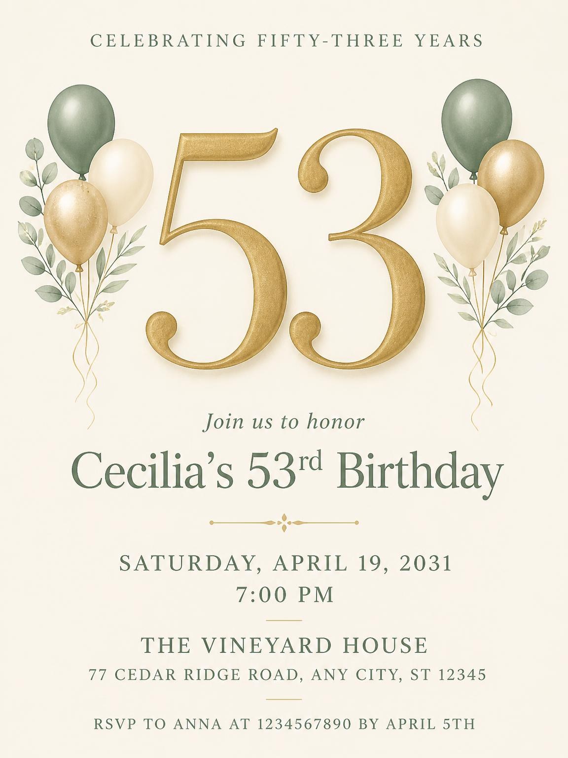 Sage and Ivory 53rd Birthday Invitation