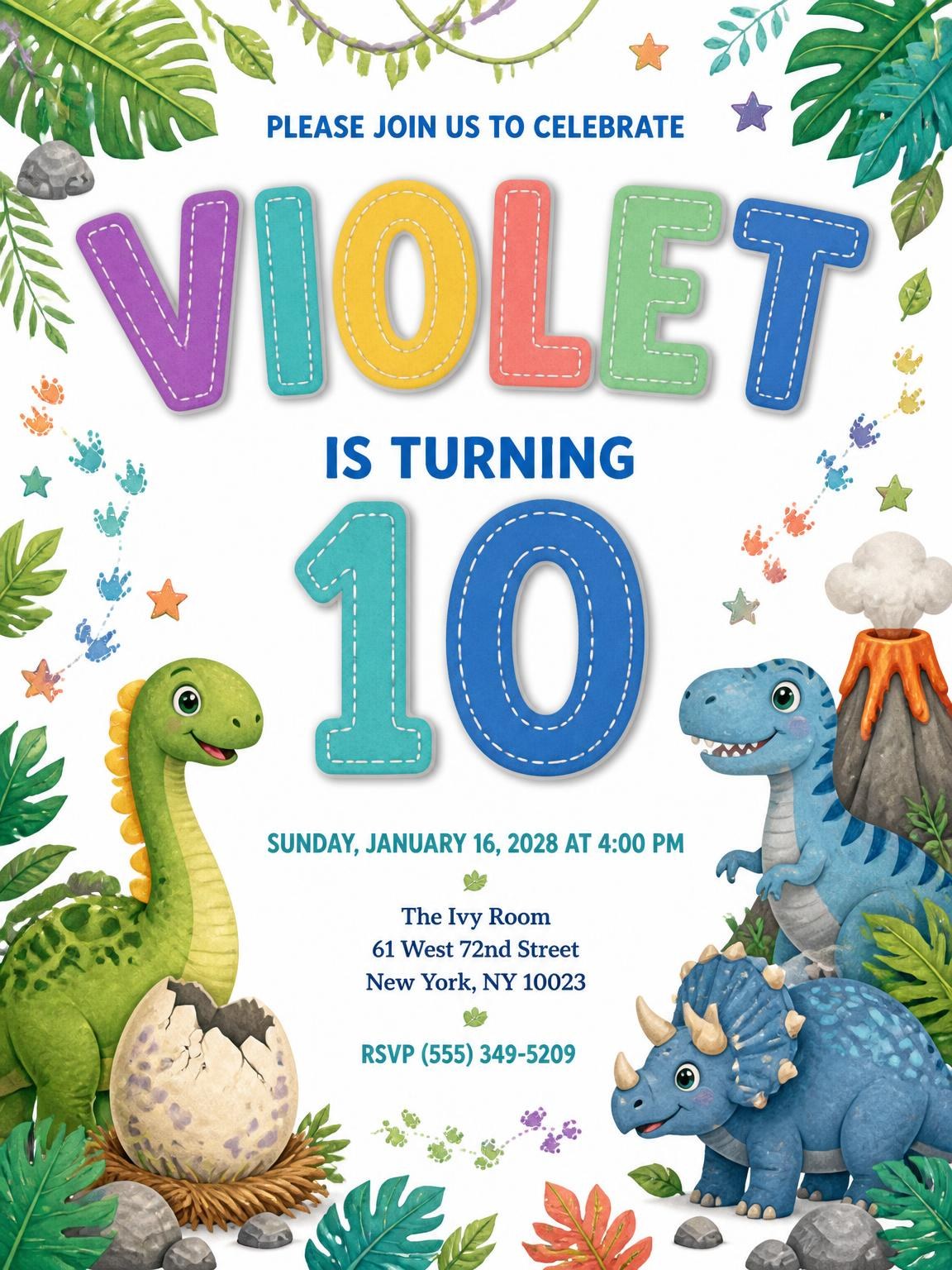 Stitched Dinosaur 10th Birthday Invitation