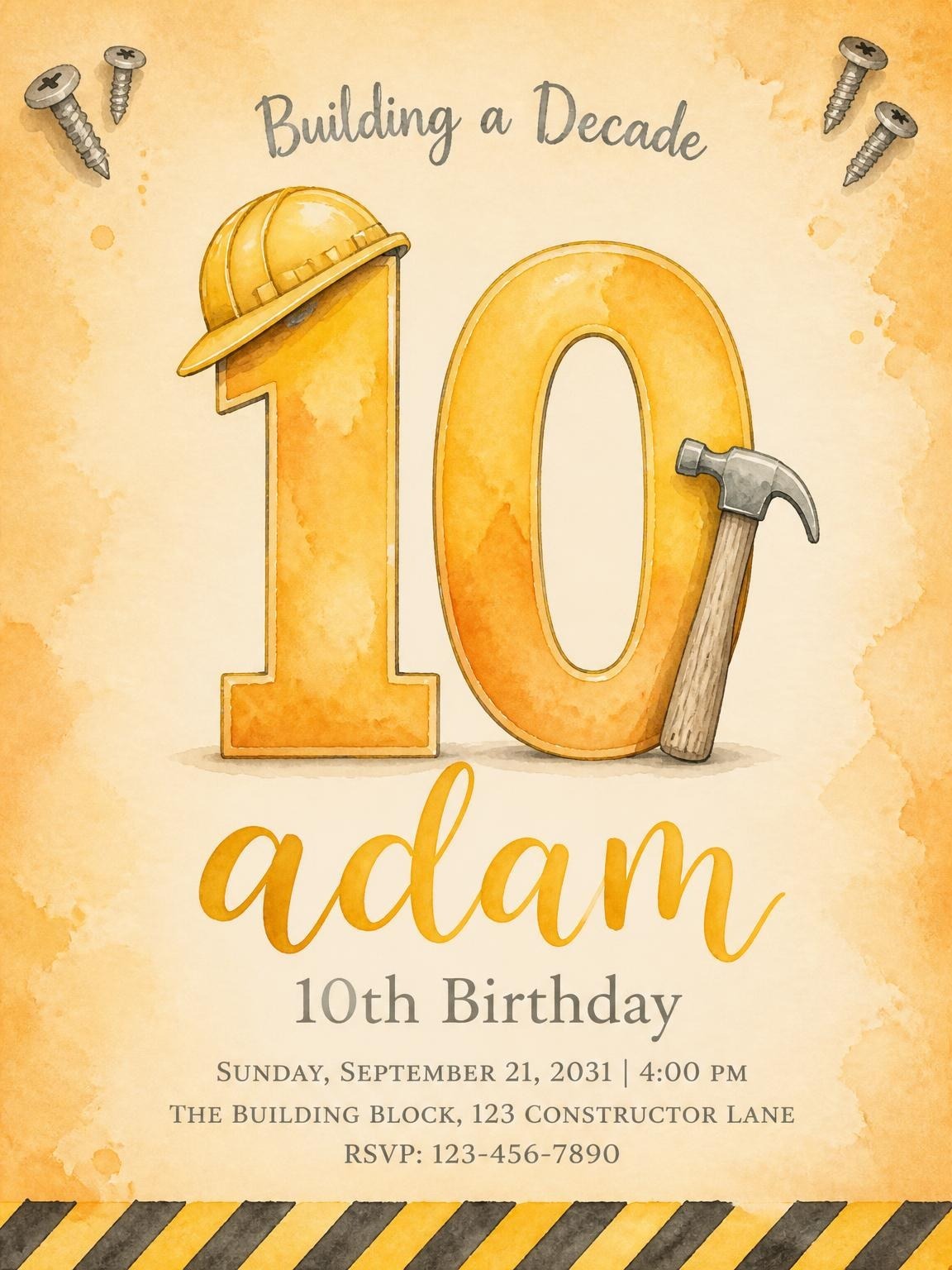 Watercolor Construction Tools 10th Birthday