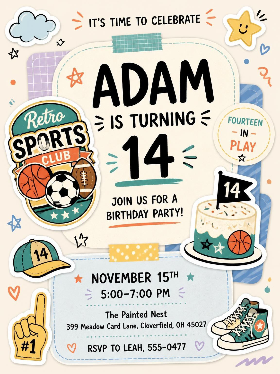 Sports Badge Pastel 14th Birthday Invitation