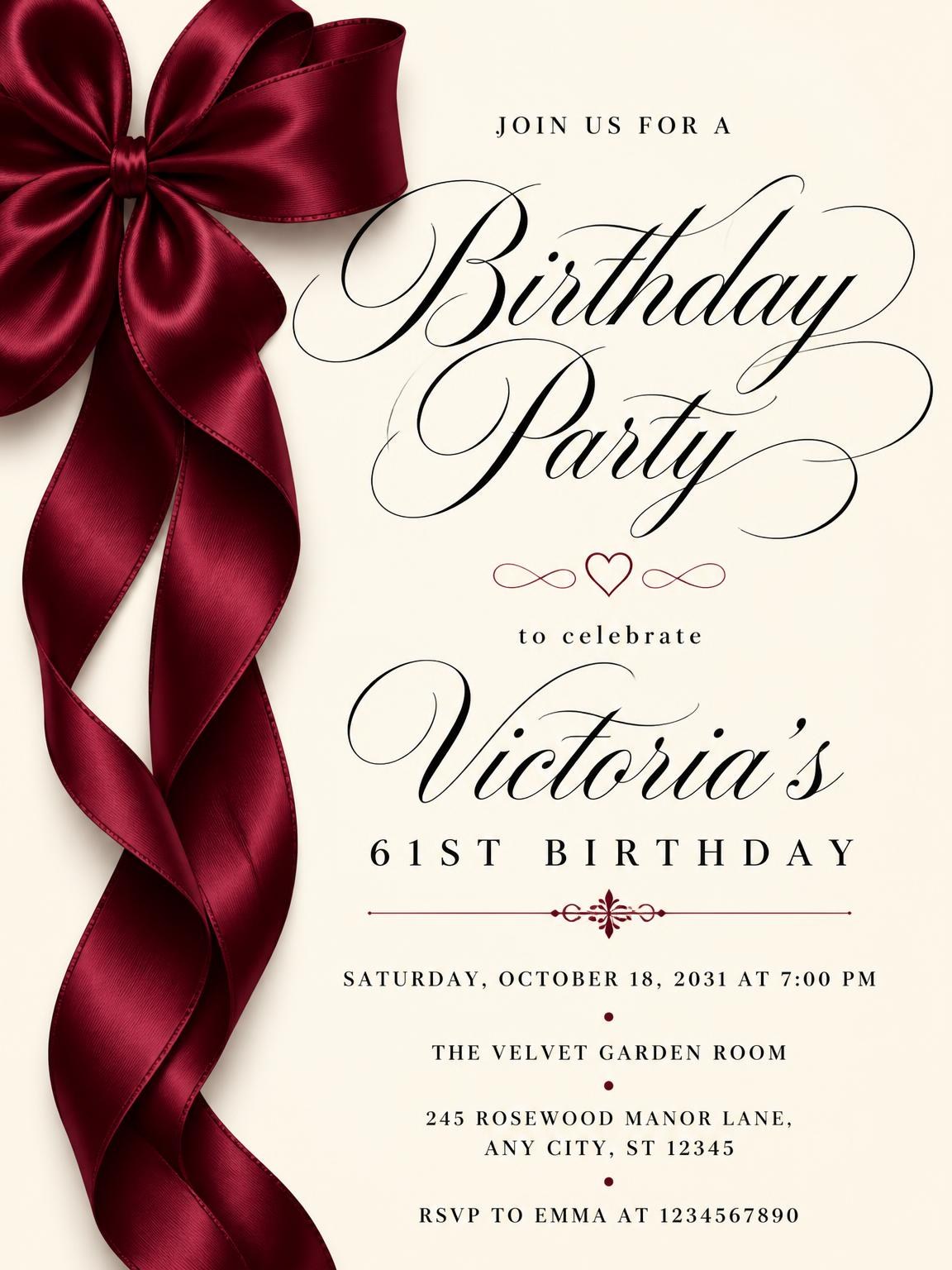 Burgundy Satin Bow 61st Birthday Invitation