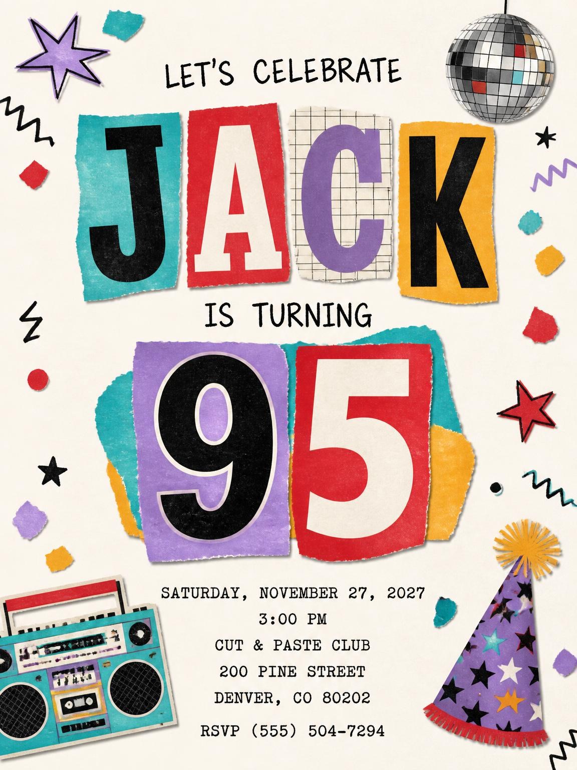 Retro Paper Collage 95th Birthday Invitation