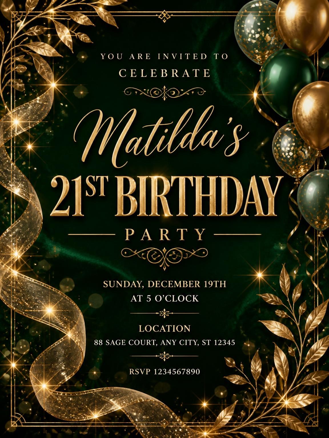 Emerald and Champagne 21st Birthday Invitation