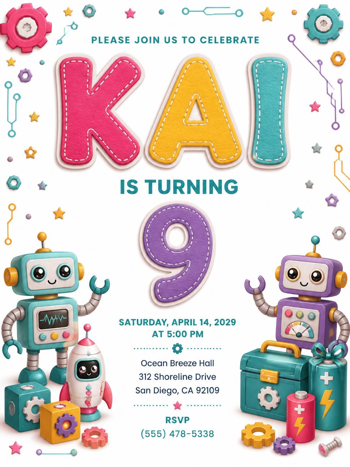 Stitched Robot 9th Birthday Invitation