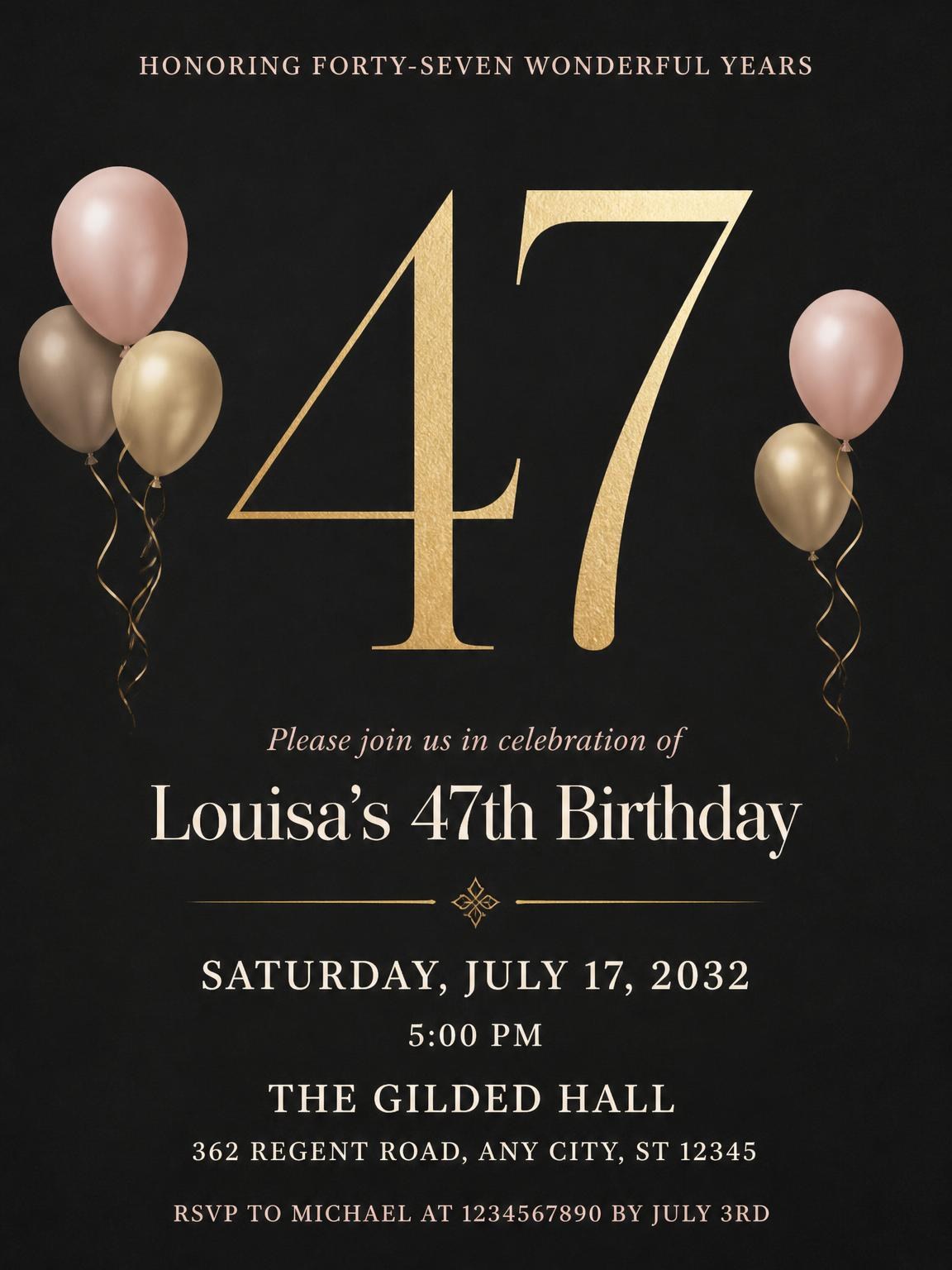 Charcoal and Blush 47th Birthday Invitation