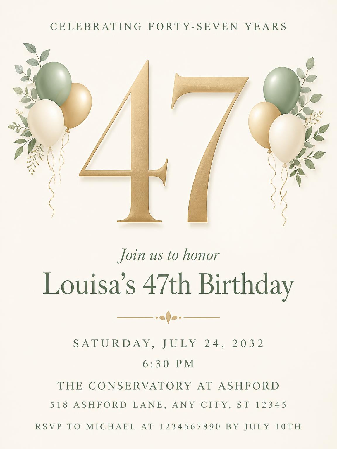 Sage and Ivory 47th Birthday Invitation