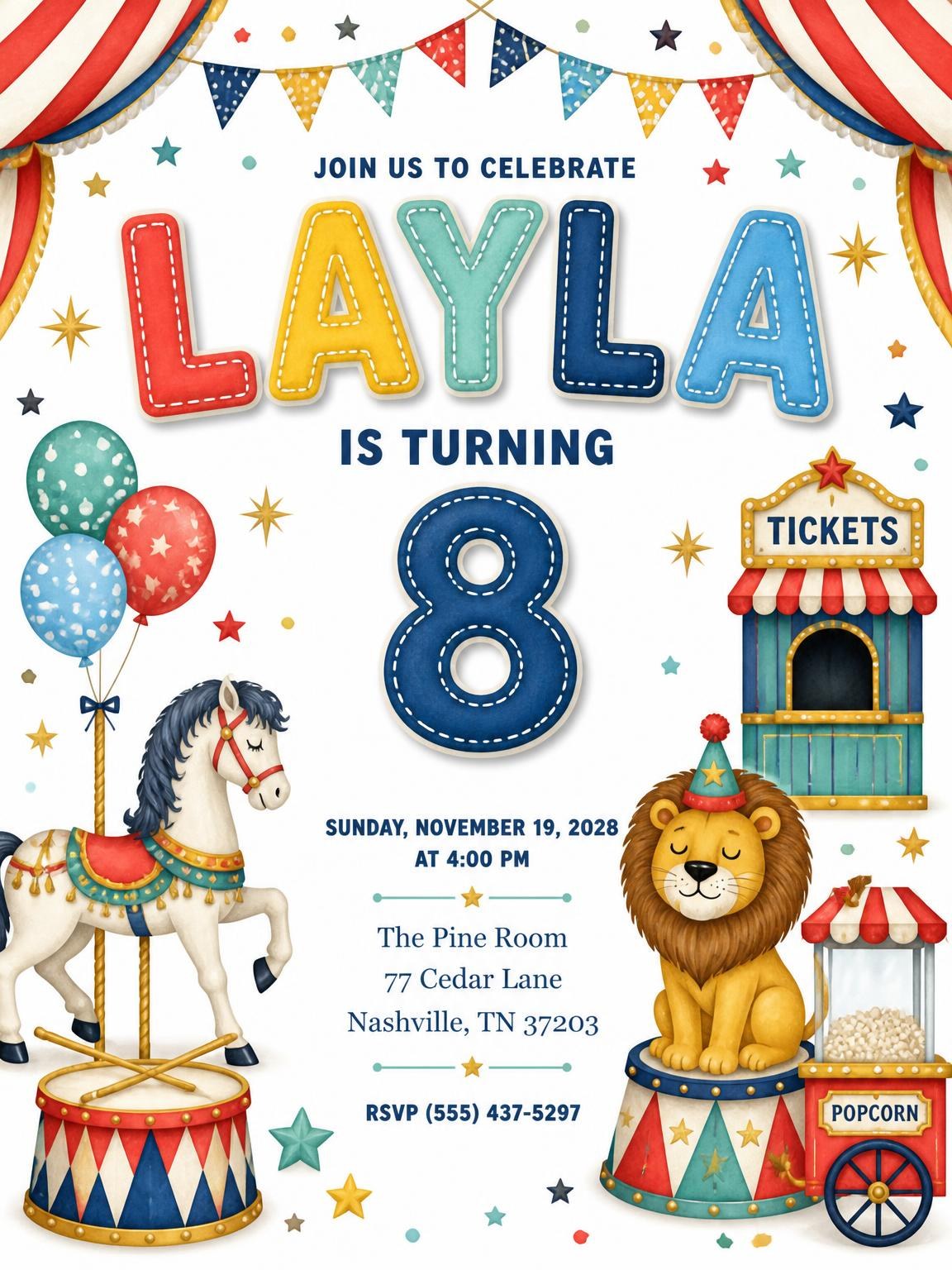 Stitched Circus 8th Birthday Invitation