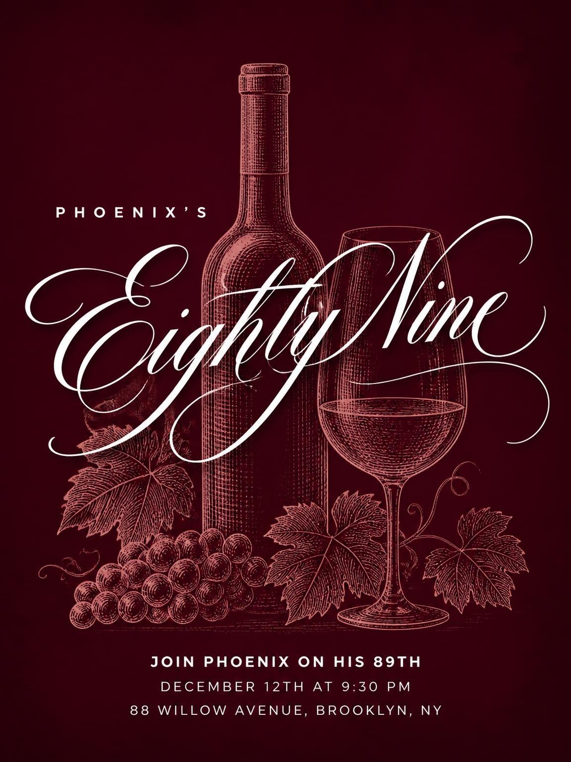 Burgundy Cocktail 89th Birthday Invitation