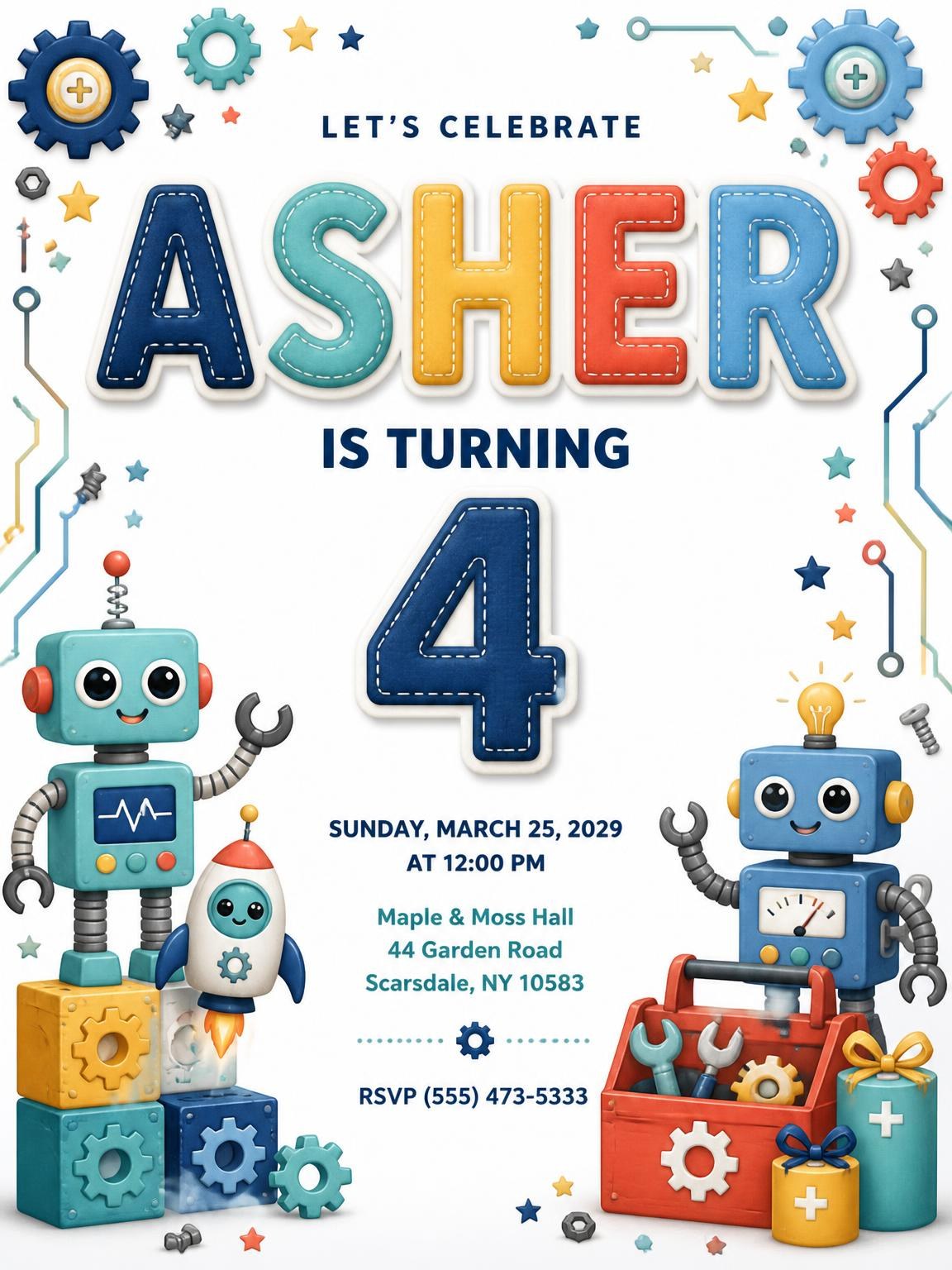 Stitched Robot 4th Birthday Invitation