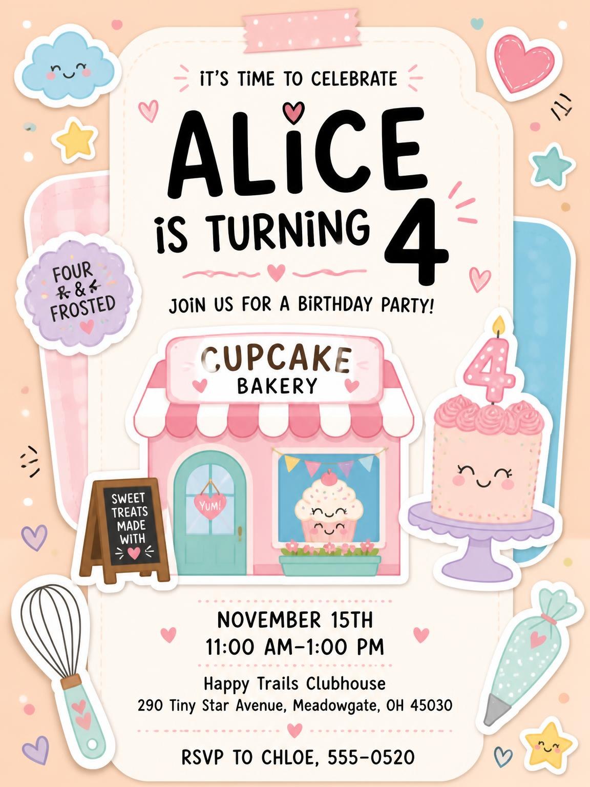 Bakery Storefront 4th Birthday Invitation