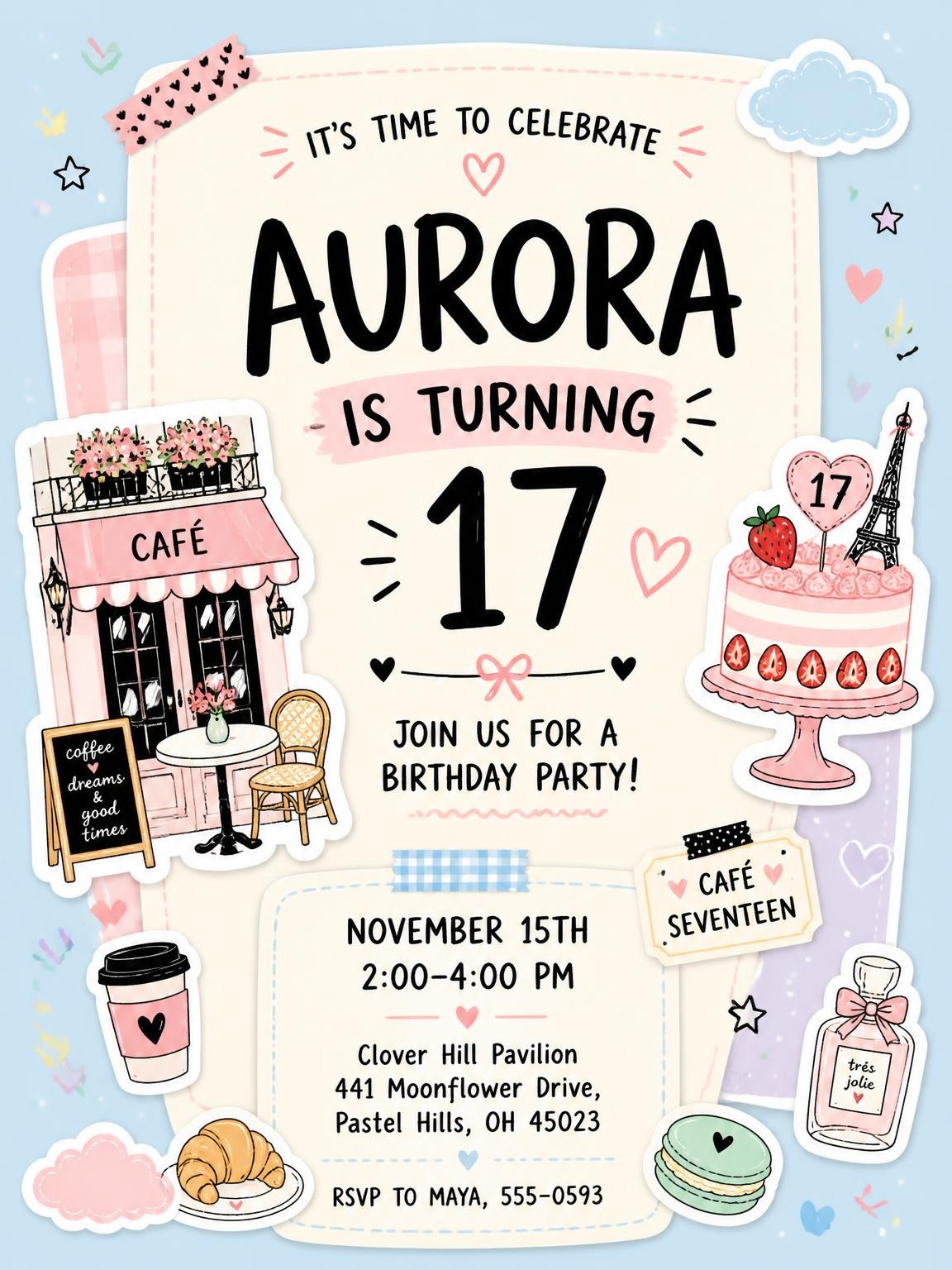 Cafe Storefront Pastel 17th Birthday Invitation