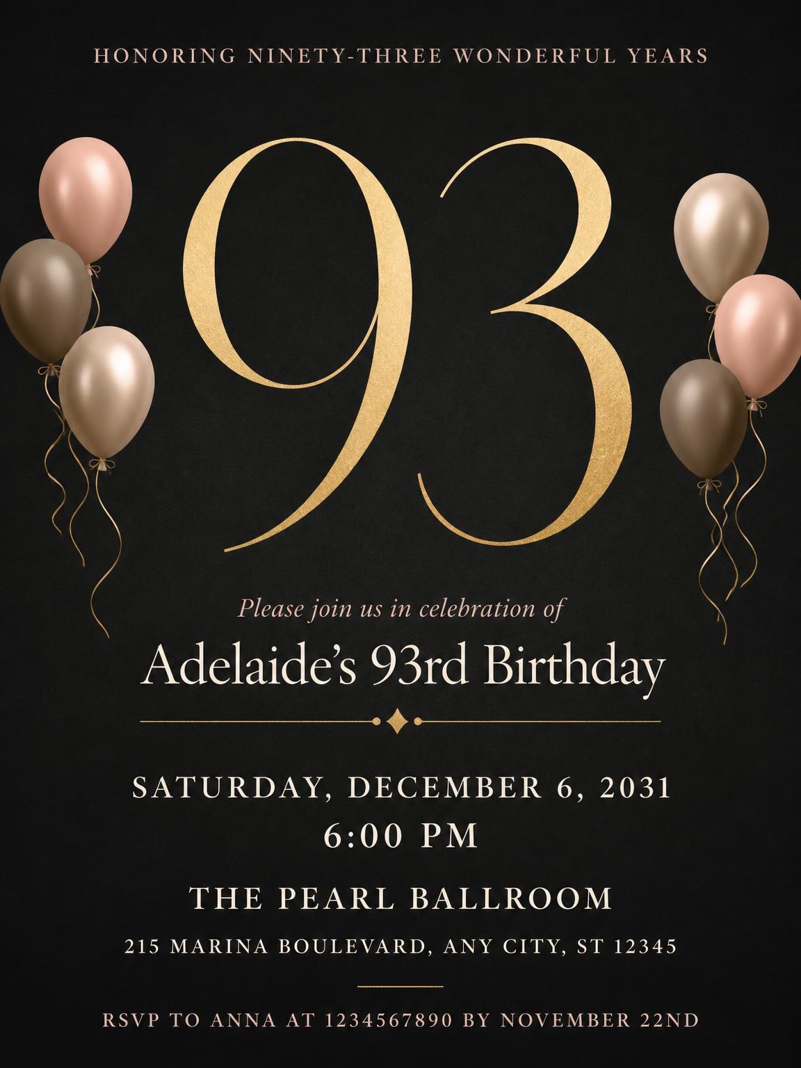 Charcoal and Blush 93rd Birthday Invitation