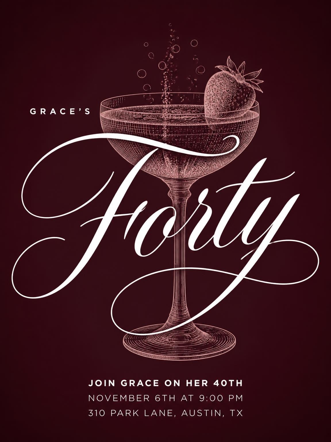 Burgundy Cocktail 40th Birthday Invitation