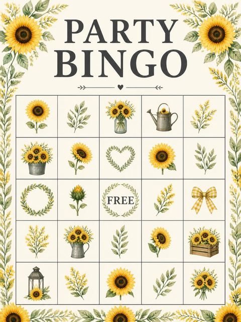 Bingo grid in the Watercolor Sunflower Monogram 6th Birthday Invitation design