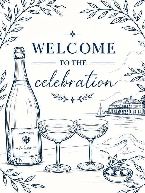 Welcome sign in the Navy Ink Champagne Coastal 33rd Birthday design