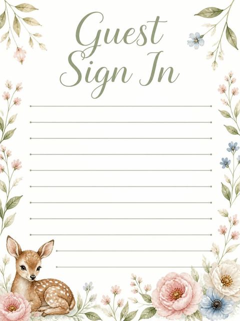 Guest sign-in sheet in the Watercolor Woodland Deer 1st Birthday design
