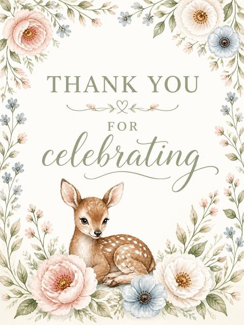 Thank-you flat in the Watercolor Woodland Deer 1st Birthday design
