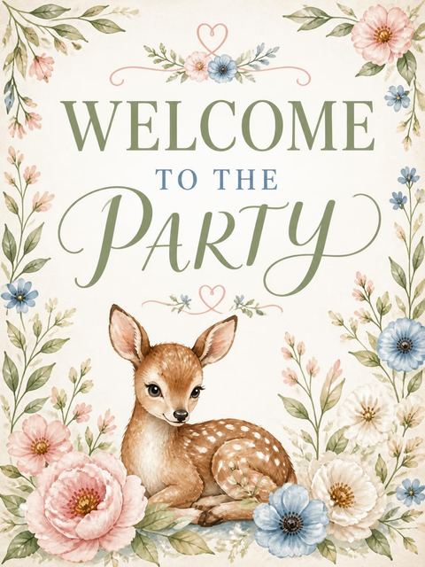 Welcome sign in the Watercolor Woodland Deer 1st Birthday design