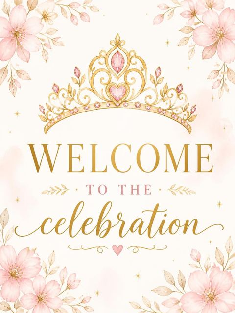 Welcome sign in the Pink Watercolor Tiara First Birthday design