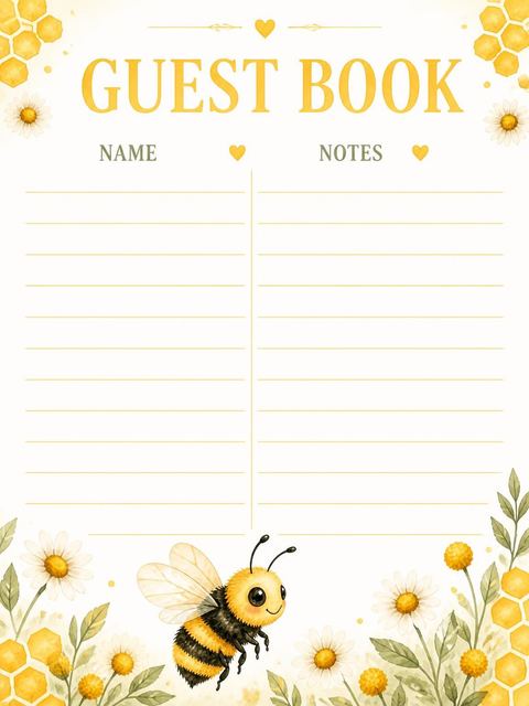 Guest sign-in sheet in the Watercolor Honeybee 2nd Birthday Invitation design