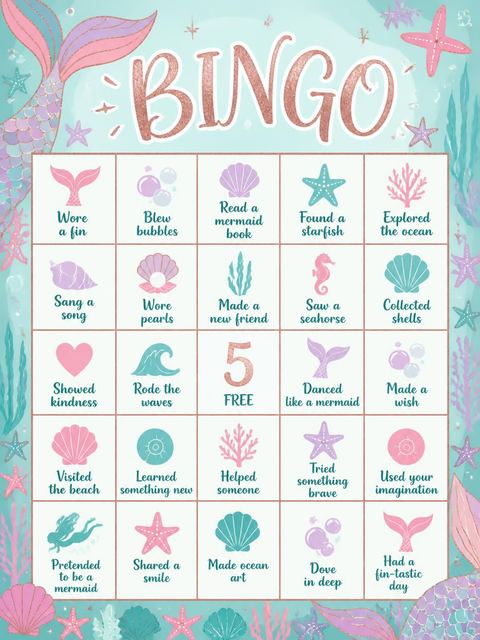 Bingo grid in the Dive into Mermaid 5th Birthday design