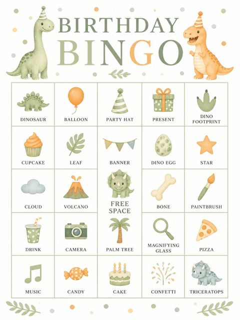 Bingo grid in the Watercolor Dino Party Invitation design