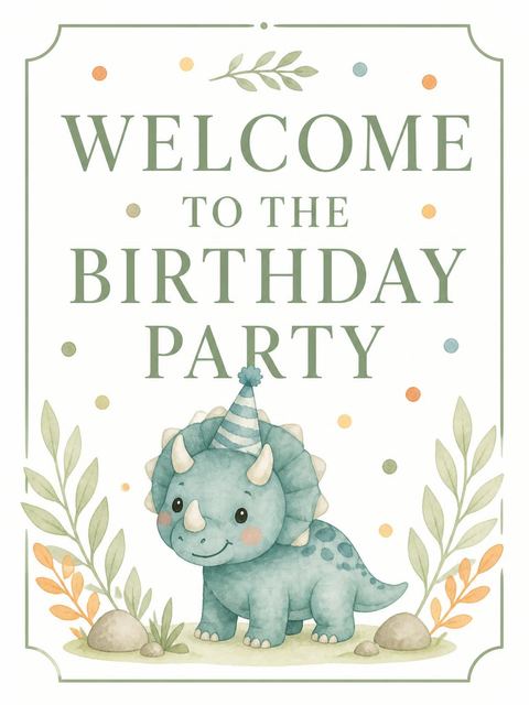 Welcome sign in the Watercolor Dino Party Invitation design