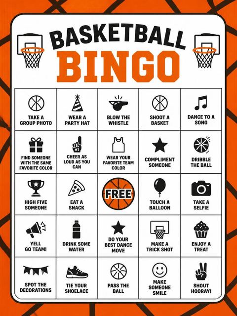 Bingo grid in the Orange Basketball Court 6th Birthday Invitation design