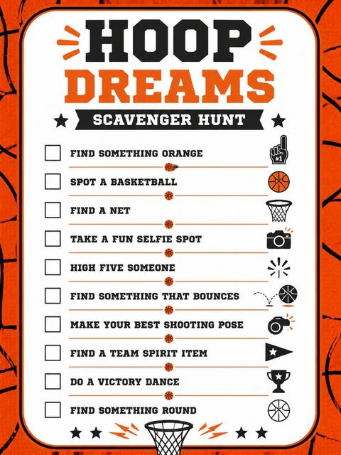 Scavenger hunt in the Orange Basketball Court 6th Birthday Invitation design