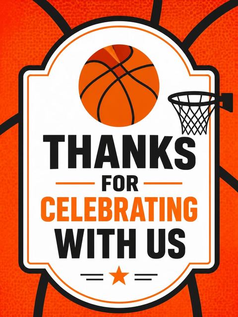 Thank-you flat in the Orange Basketball Court 6th Birthday Invitation design