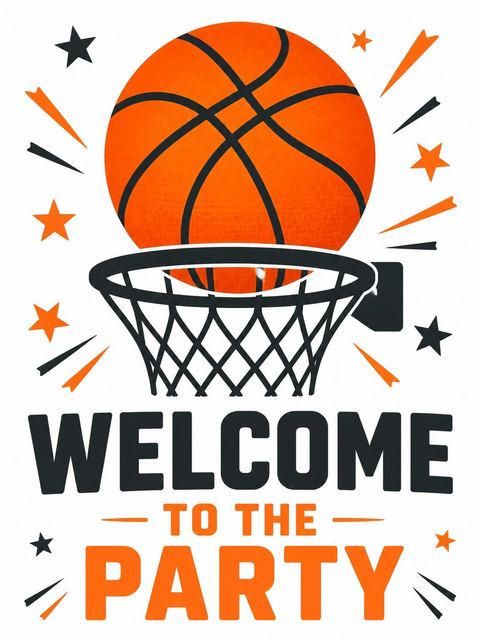 Welcome sign in the Orange Basketball Court 6th Birthday Invitation design