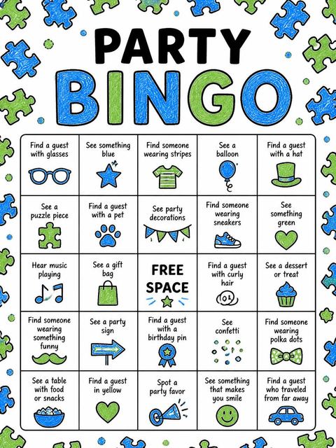 Bingo grid in the Crayon Puzzle Piece 9th Birthday Invitation design