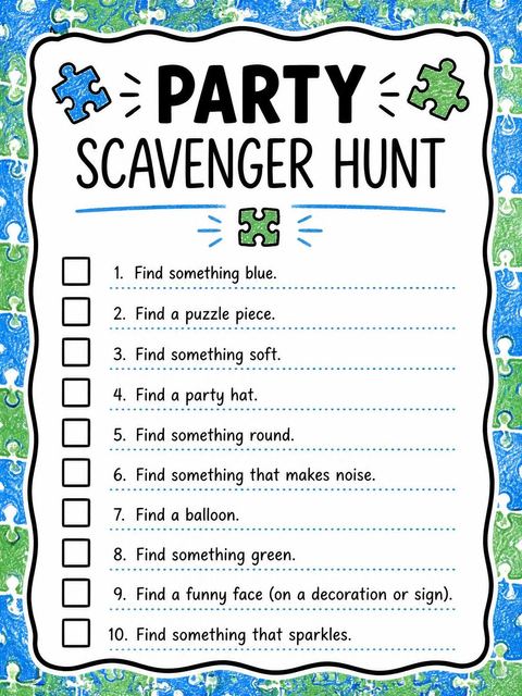 Scavenger hunt in the Crayon Puzzle Piece 9th Birthday Invitation design