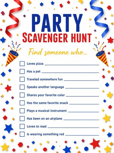 Scavenger hunt in the Confetti Star Primary 13th Birthday Invitation design