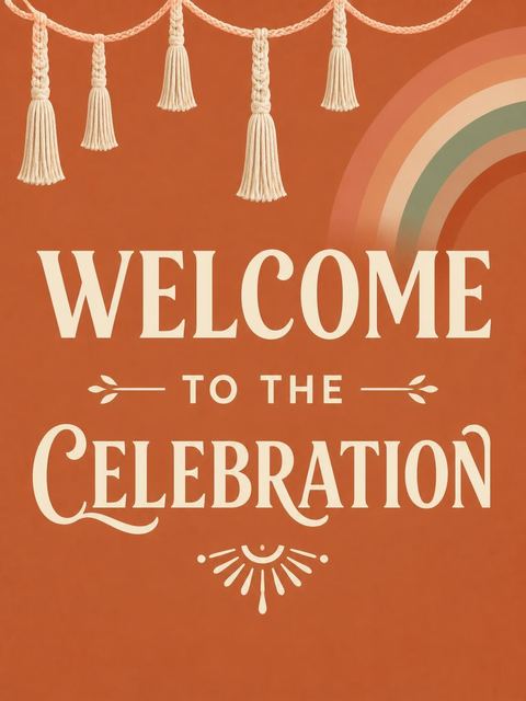 Welcome sign in the Burnt Orange Macrame Arch 25th Birthday design