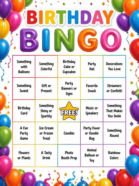Bingo grid in the Rainbow Foil Balloon 35th Birthday design
