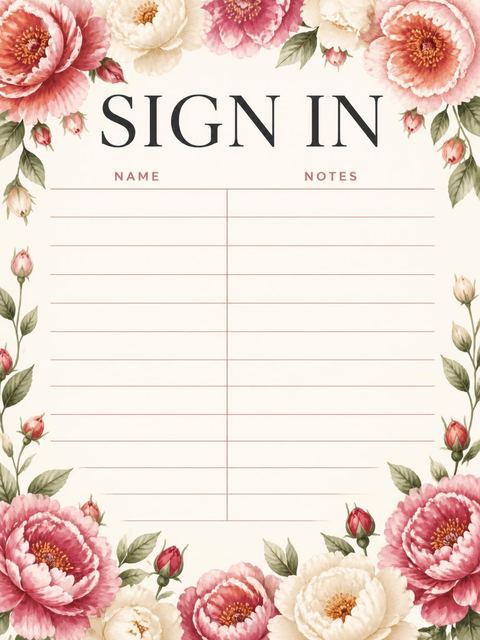 Guest sign-in sheet in the Dusty Rose Peony 60th Birthday design