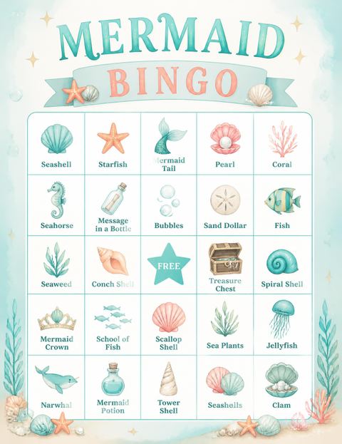 Bingo grid in the Watercolor Mermaid Teal 6th Birthday Invitation design