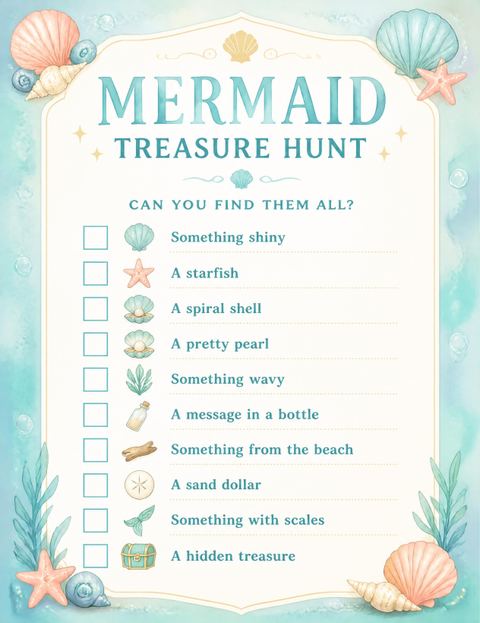 Scavenger hunt in the Watercolor Mermaid Teal 6th Birthday Invitation design