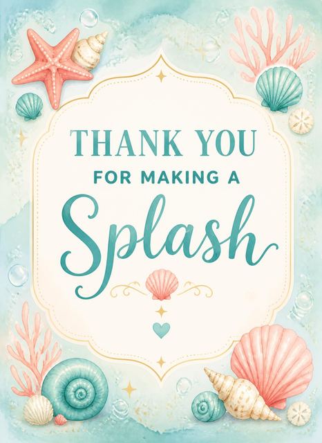 Thank-you flat in the Watercolor Mermaid Teal 6th Birthday Invitation design