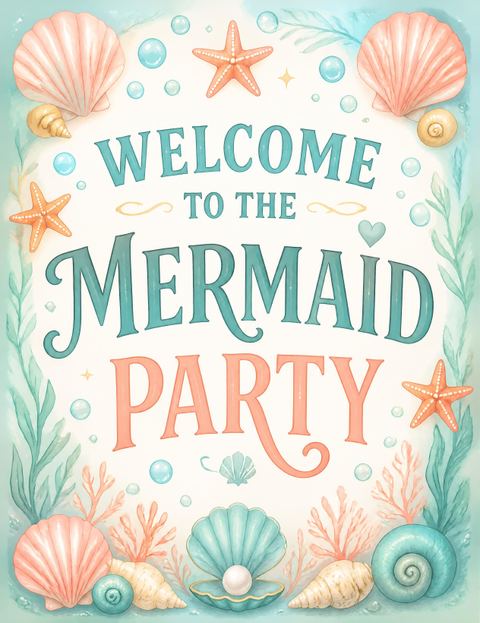 Welcome sign in the Watercolor Mermaid Teal 6th Birthday Invitation design