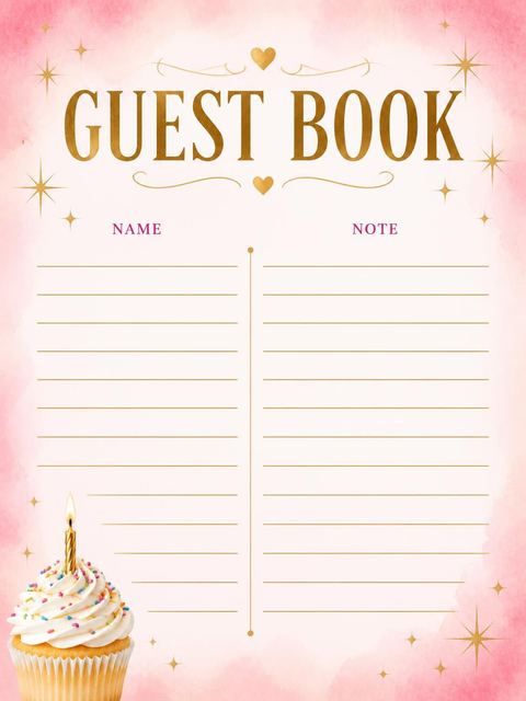Guest sign-in sheet in the Pink Watercolor Cupcake 5th Birthday design