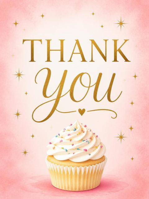 Thank-you flat in the Pink Watercolor Cupcake 5th Birthday design