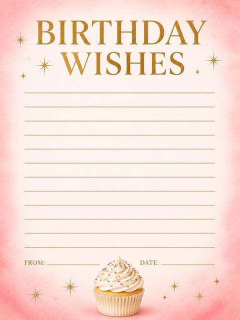 Wishes page in the Pink Watercolor Cupcake 5th Birthday design