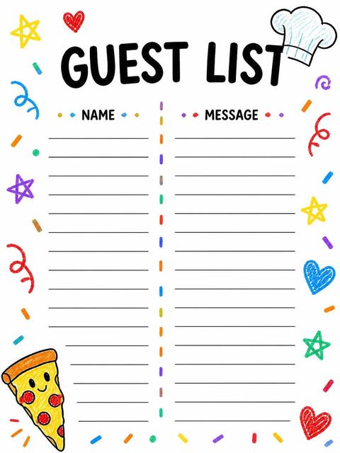 Guest sign-in sheet in the Crayon Illustrated Pizza 9th Birthday design