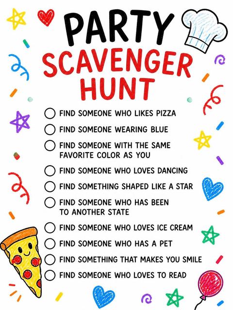 Scavenger hunt in the Crayon Illustrated Pizza 9th Birthday design