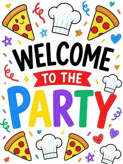 Welcome sign in the Crayon Illustrated Pizza 9th Birthday design